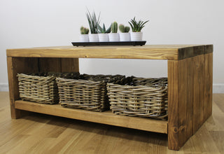 Complete your rustic-inspired living space with the bespoke Rustic Solid Wood Farley Coffee Table: Crafted to perfection, it blends seamlessly into farmhouse, Scandinavian, or coastal decor.
