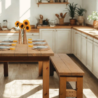 Hutton rustic dining table in Medium Oak finish, styled in a modern country kitchen with natural lighting, showcasing the table’s solid wood build and warm oak tones.