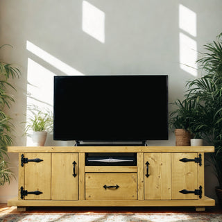 Rockford Solid Wood Rustic Handmade Large TV Unit: Ample storage with cupboard compartments, shelf, and drawer, combining style and functionality.