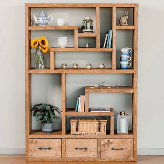 Brockenhurst Extra Large Rustic Bookcase Shelving Unit with Drawers, crafted from solid wood, offers ample storage and rustic charm.
