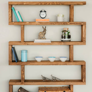Embrace rustic farmhouse charm with the Rustic Solid Wood Christchurch Bookcase: A tall shelving unit crafted from natural wood, pictured in dark oak, offering open shelves for storage