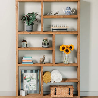 Explore Blackfield, a large rustic solid wood shelving unit with ample storage, bringing natural warmth and functional style to your living space.