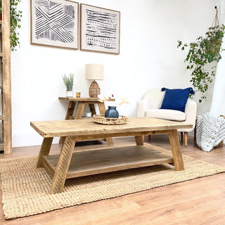 Discover the rustic charm of our Yarmouth coffee table, handmade in the UK from reclaimed wood. This unique coffee table adds warmth and character to any living room with its farmhouse-inspired design. Crafted from reclaimed wood. Ideal for small spaces, it offers a unique touch to your home decor.