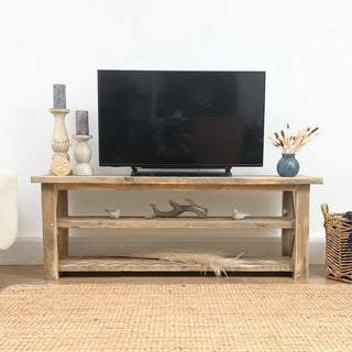 Winford Solid Wood Reclaimed TV Unit with Storage: Handcrafted in Hampshire, this bespoke piece features a cross design, showcasing natural wood beauty. Includes a shelf for soundbar and audio equipment, offering custom charm in reclaimed wood craftsmanship.