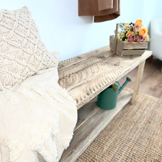 Discover the rustic appeal of our Ryde shoe rack table, fashioned from reclaimed and distressed wood for a timeless look. Crafted from solid and recycled wood, this multifunctional piece serves as both an end table and shoe storage cabinet.
