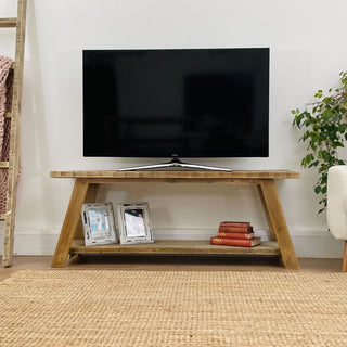 Yarmouth Rustic Reclaimed TV Stand: Elevate your entertainment space with this handcrafted piece, featuring open storage for larger audio equipment, crafted from reclaimed wood for rustic charm and sustainable style.