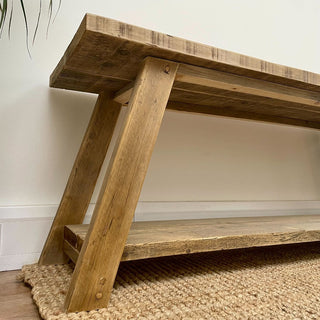 Yarmouth Solid Wood Reclaimed Shoe Rack Bench: A practical and rustic solution for shoe storage, crafted from reclaimed wood, featuring a larger gap for accommodating various shoe sizes.