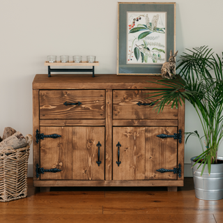 Introduce rustic elegance to your home with the Oakbury Handmade Rustic Solid Wood Sideboard: A functional and stylish storage unit designed to enhance your living space.