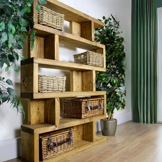 Elevate your space with the bespoke charm of the Rustic Wensley Shelving Unit: Handmade from chunky wood, it offers custom storage in rustic style.