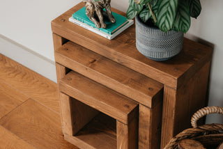 A close up image of our Rustic Cube Nest unit finished in a Dark oak finish, handmade by Rustic Dreams 