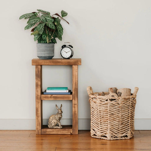 Solid wood Side Table in a rustic chunky style, featuring a shelf perfect for storing/displaying your favourite books and home accessories. Handcrafted in the New Forest.