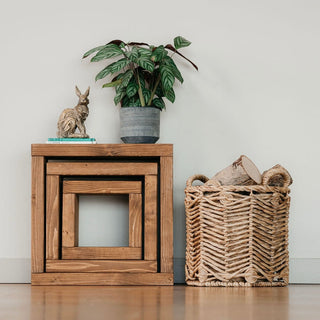 The Hythe Handmade Rustic Cube Nest of Side Tables, featuring solid wood craftsmanship and a versatile, compact design. Handcrafted in the UK for a unique touch.