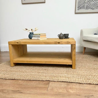 Elevate your living room with the Rustic Solid Wood Farley Coffee Table: Handcrafted to perfection, this bespoke piece complements farmhouse, Scandinavian, or coastal decor with its rustic charm.