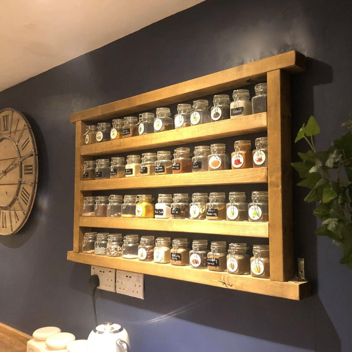Solid wood Spice Rack, finished in a chunky rustic style, the perfect  storage solution for all your herbs and spices. Handcrafted in the New Forest.