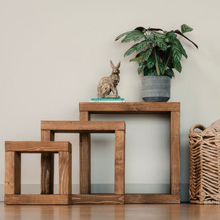 Elevate your space with the Hythe Handmade Rustic Cube Nest of Side Tables, featuring timeless craftsmanship and rustic charm.