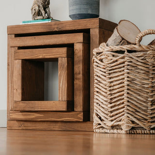 Transform your space with the Hythe Handmade Rustic Cube Nest of Side Tables, meticulously crafted in the UK from solid wood for a timeless appeal.