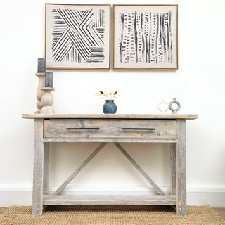 Introducing the Barton Console Unit, meticulously crafted and delivered fully assembled for your convenience. With a functional drawer providing extra storage, this rustic piece is perfect for hallways.