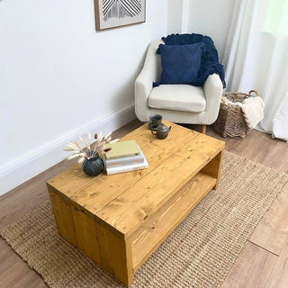 Enhance your living space with the bespoke Rustic Solid Wood Farley Coffee Table: A chunky and custom-crafted centerpiece, blending rustic charm with farmhouse, Scandinavian, or coastal decor styles.