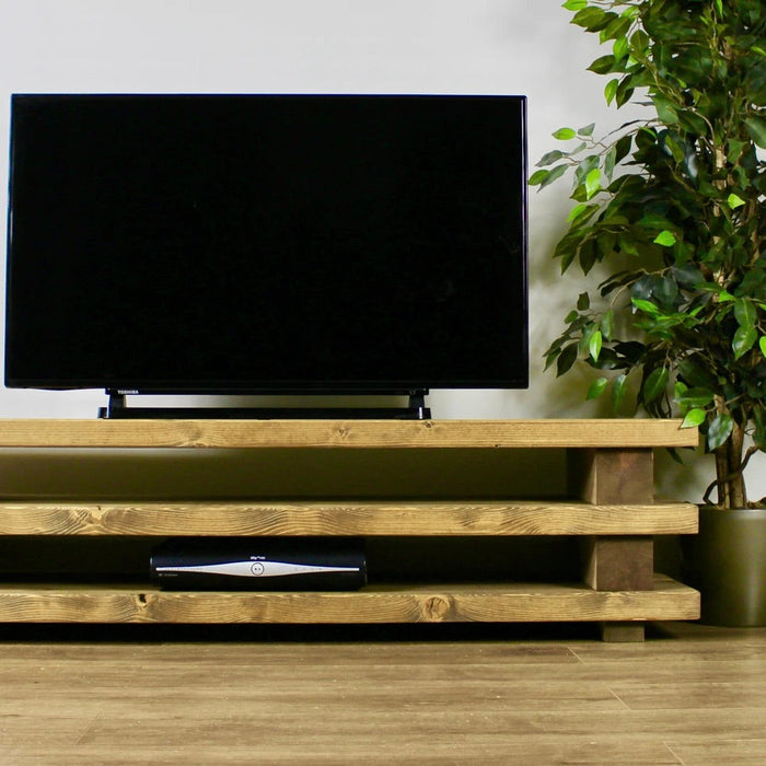 Solid wood Tv unit in medium, in a chunky rustic style. Handcrafted in the New Forest.