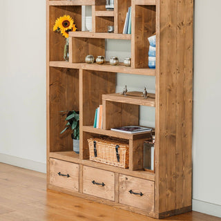Brockenhurst Extra Large Rustic Bookcase Shelving Unit, featuring ample storage and rustic charm with convenient drawers.