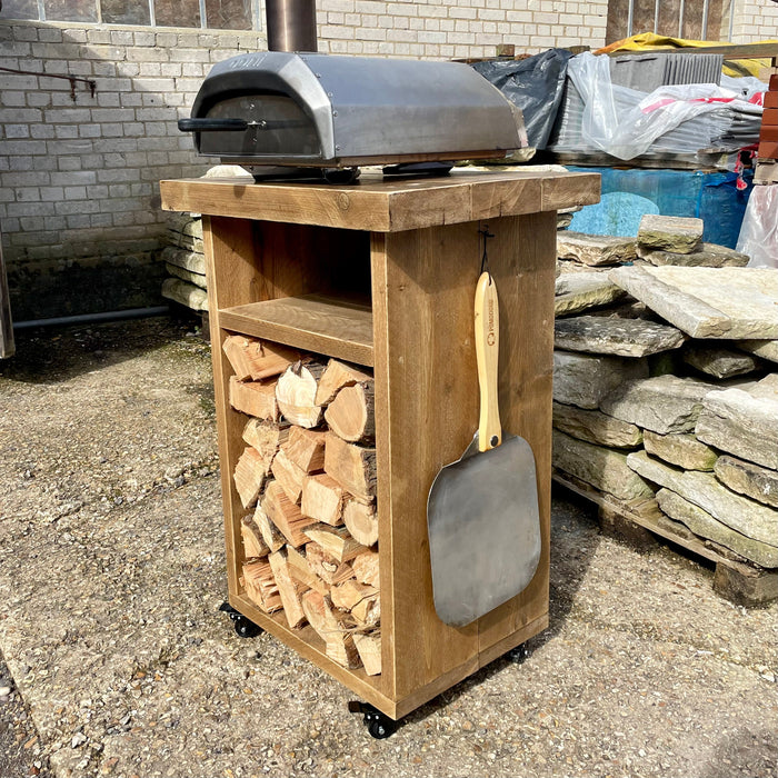 Outdoor kitchen ooni pizza oven stand, made from solid rustic wood with 4 wheels on the bottom. by Rustic Dreams