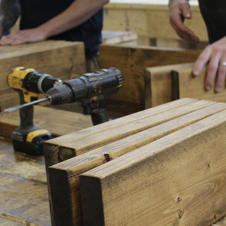 Rustic repair kit: tools for fixes & a small set for furniture touch-ups - including stain, gloves, clothes & sandpaper.