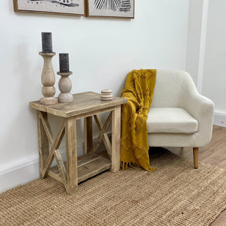 The Winford Handmade Reclaimed Solid Wood Side Table: Embrace sustainable chic with this rustic masterpiece crafted from reclaimed wood, featuring unique character and eco-friendly design, perfect for adding warmth and style to your living space.