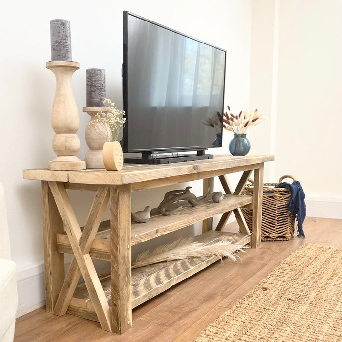 Reclaimed solid wood rustic TV unit with two shelves, featuring a cross design, finished in a natural wax. Handcrafted in the New Forest.