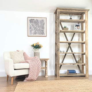 Introducing the Winford Large Solid Wood Reclaimed Bookcase: Elevate your home library with this spacious and eco-friendly storage solution, exuding rustic charm and crafted from reclaimed wood.