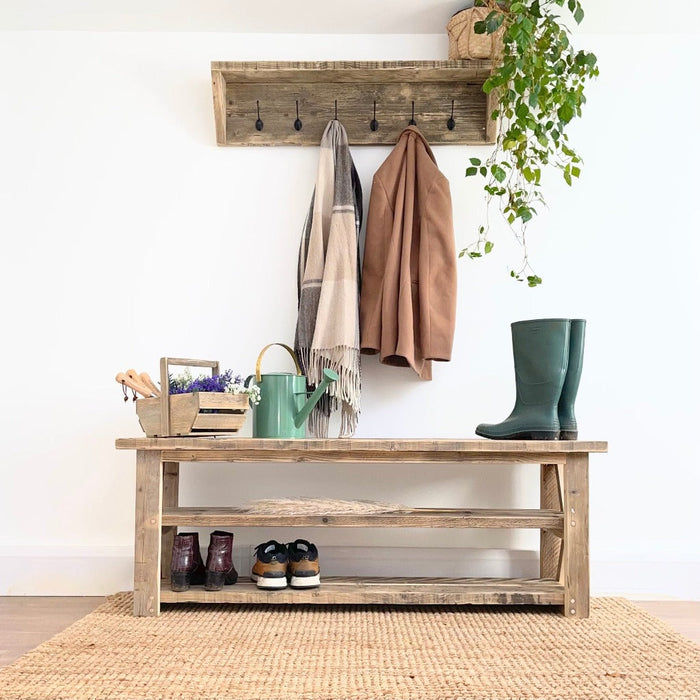 Reclaimed solid wood shoe rack/bench in a clear finish, featuring two shelves, creating the perfect storage solution for all your shoes/accessories. Handcrafted in the New Forest.