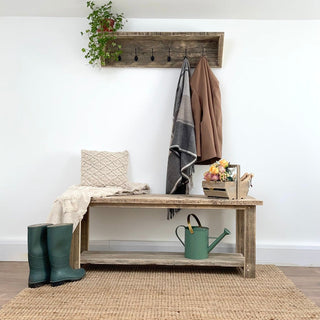 Introduce rustic charm to your entryway with our Ryde shoe rack table, crafted from reclaimed and recycled wood. With its natural wood finish, it serves as a versatile shoe storage cabinet or bench, adding warmth and character to your home.