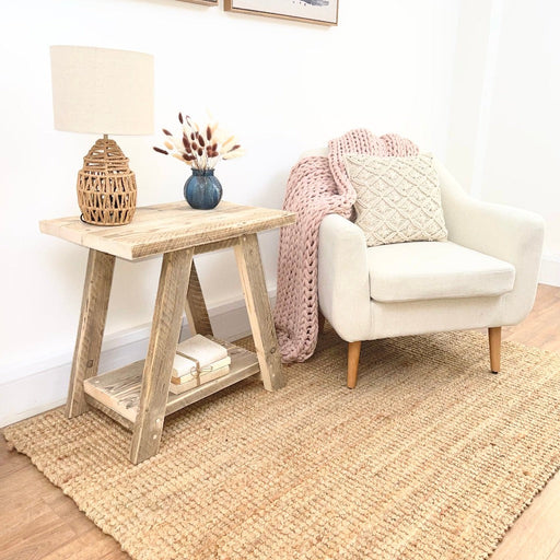 Reclaimed solid wood side table/bedside table with shelf underneath for extra storage, bringing a natural influence to any room with its chunky rustic style, handmade in the New Forest.