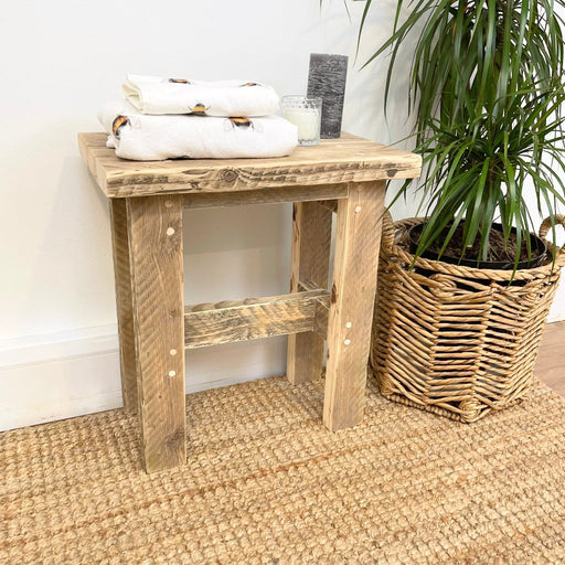 Reclaimed solid wooden rustic side table/stool finished in a natural wax. Handcrafted in the New Forest.