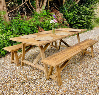 Discover rustic charm with the Harlow Handcrafted Garden Dining Table. Made from reclaimed wood, it offers sustainable outdoor dining in style.
