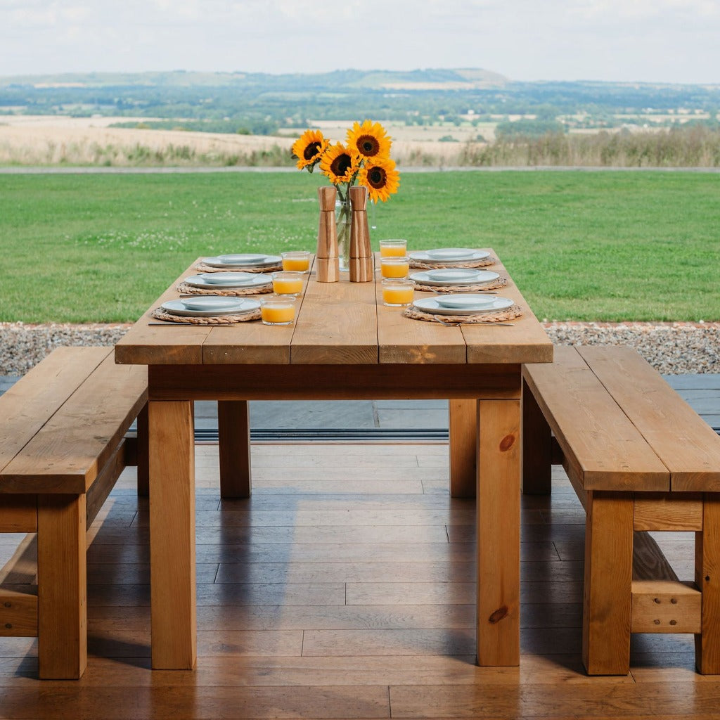 Natural wood dining on sale table with bench