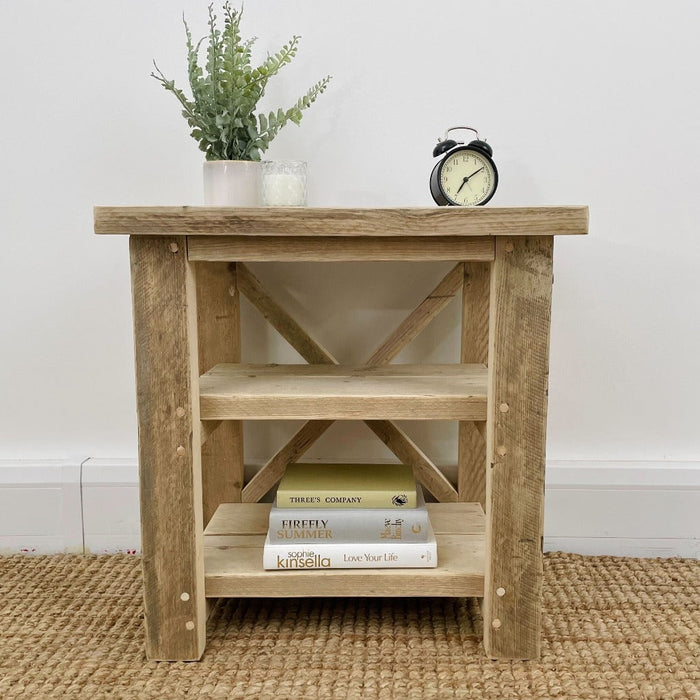 Reclaimed Wood Side Table/Bedside Table in a natural wax finish, handcrafted in the New Forest.