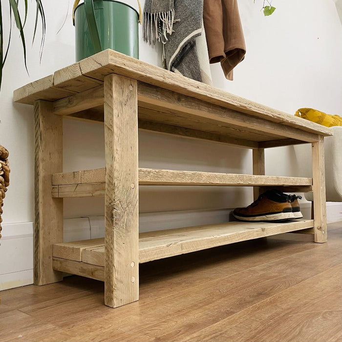 Reclaimed solid wood shoe rack in a clear finish, featuring two shelves for additional storage, bringing a natural influence to any room with its chunky rustic style. Handcrafted in the New Forest.